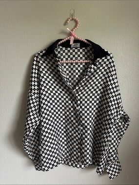 Vintage silk 80s art deco Gianni Versace Black and White Checker button down